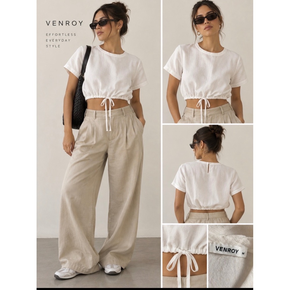 Venroy White Linen Cropped Short Sleeve Drawstring Top Size M